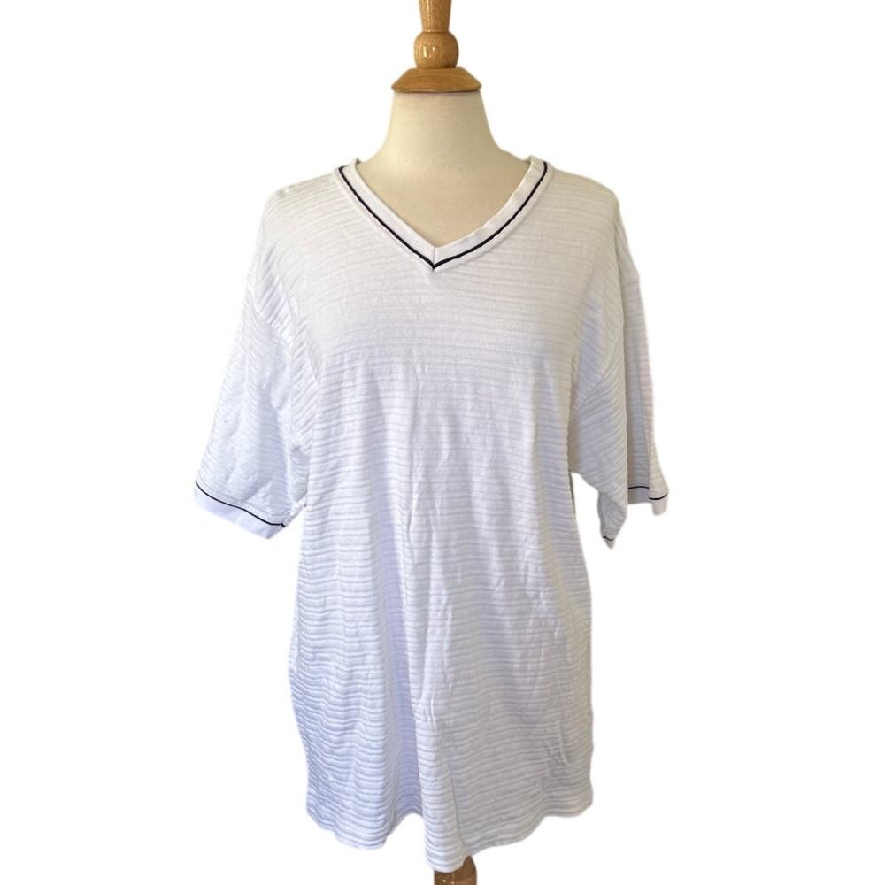 White Vintage Mens V Neck TShirt Ribbed Texture Preppy Minimalist Streetwear Y13